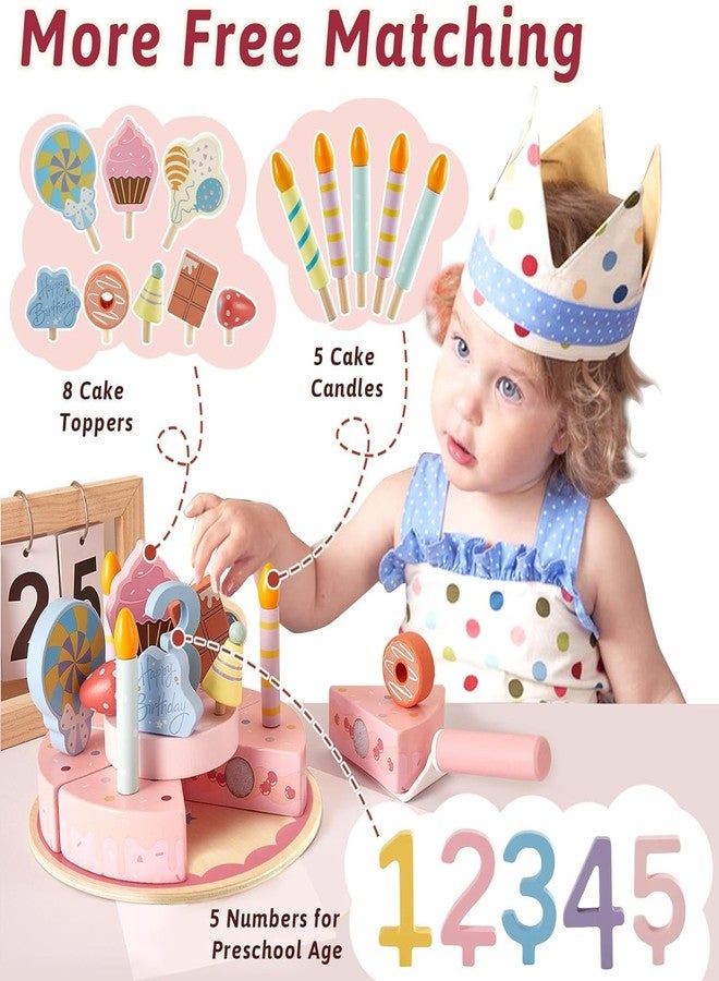 KITMEER Kids Pretend Birthday Cake Toy Set, 2-Tier Wooden Cutting Cake with Plate, Candles, Decorations, Kitchen Play Food Gift for Children 3+ - Image 4